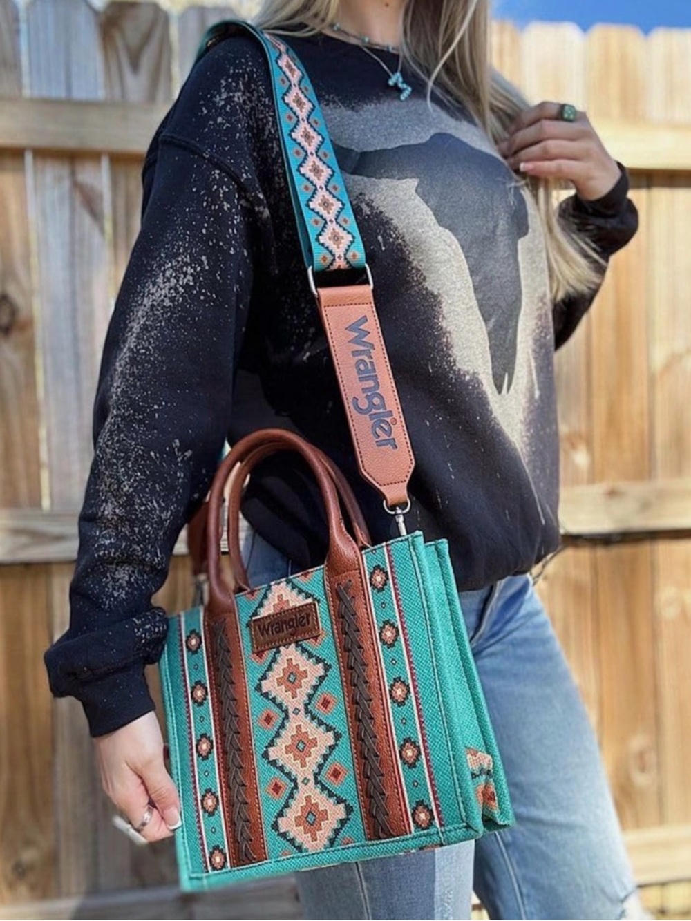 Wrangler Aztec Tote Bag for Women Boho Shoulder Purses and Handbags, Turquoise - Picture 13 of 16